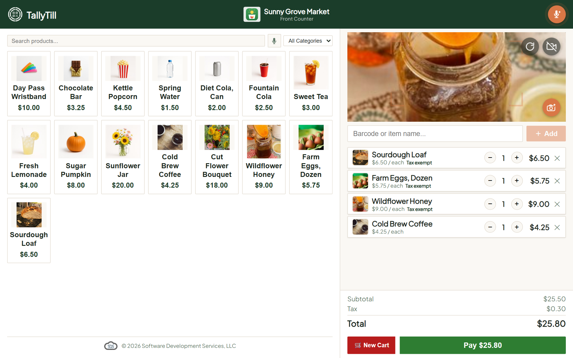 TallyTill checkout running on a tablet — catalog, live camera view, cart, and a Pay button